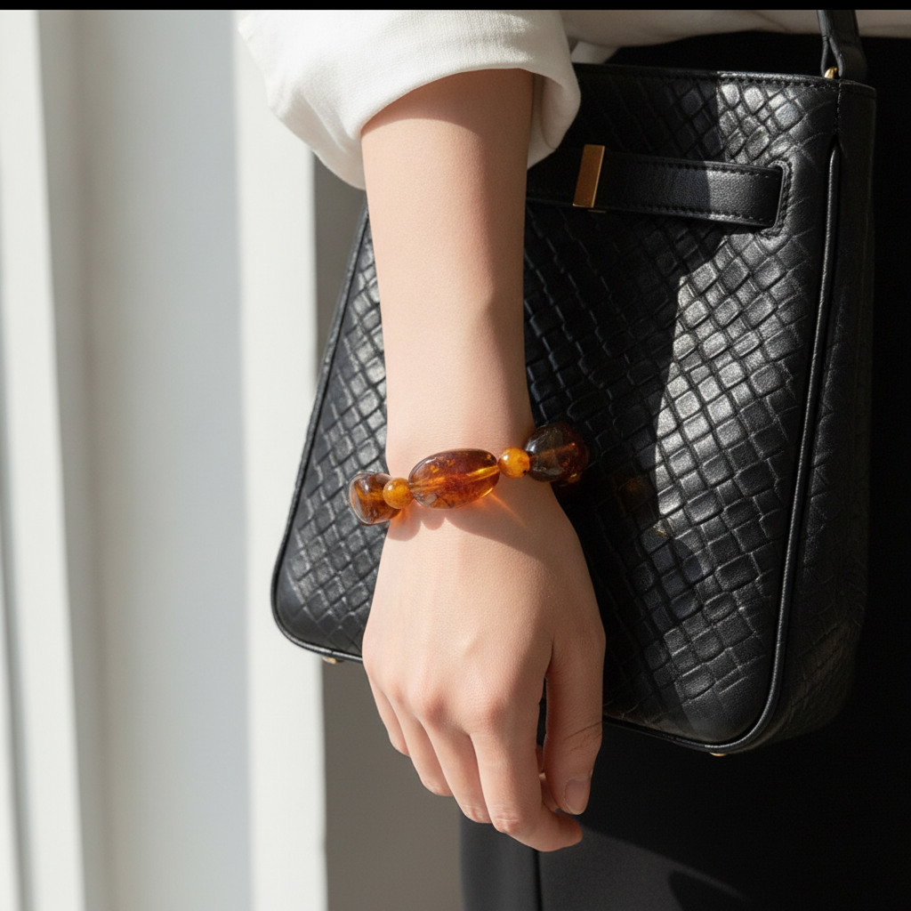 <Modell med armbådn i amber brunt