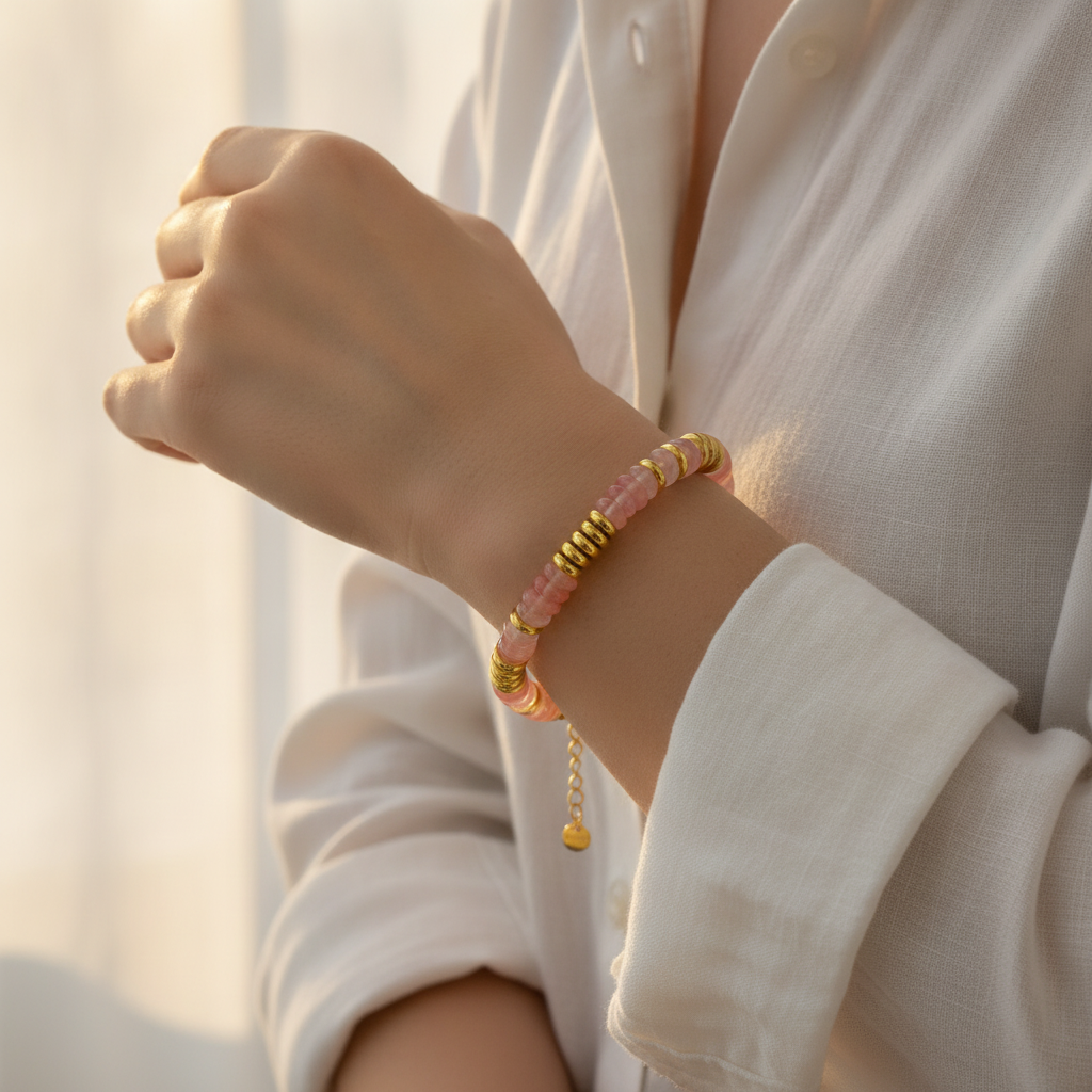 Rosa/gull detaljer på armbånd.