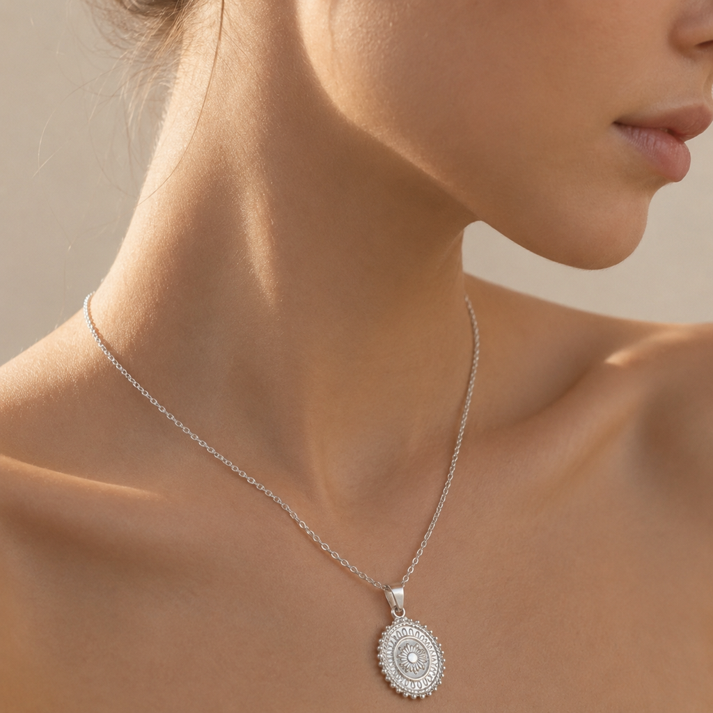 Medallion Sølv Sol Halskjede — Vintage